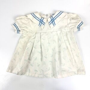 Vintage LITTLE EVIE Sailor Boats Dress Blue White Nautical Baby Girls 12 Months